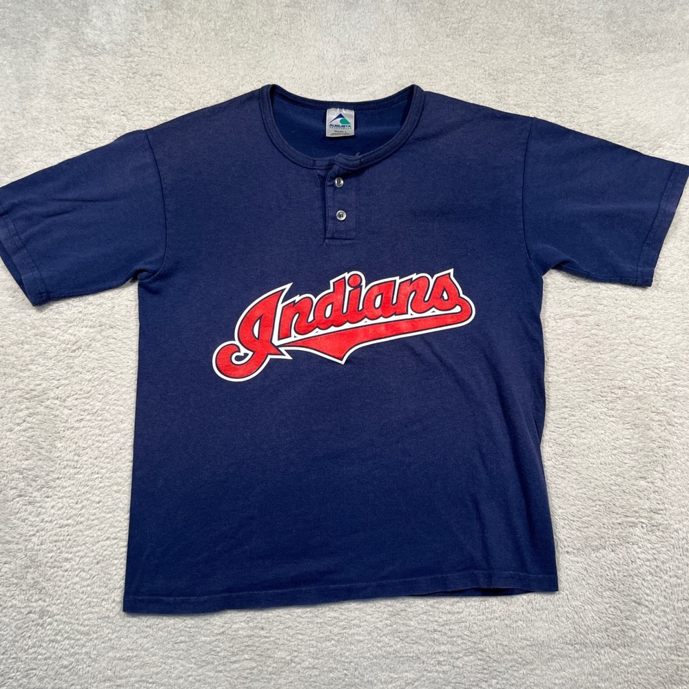 Vintage Y2K Augusta Cleveland Indians T-Shirt Youth L Baseball Henley Tee # 7
